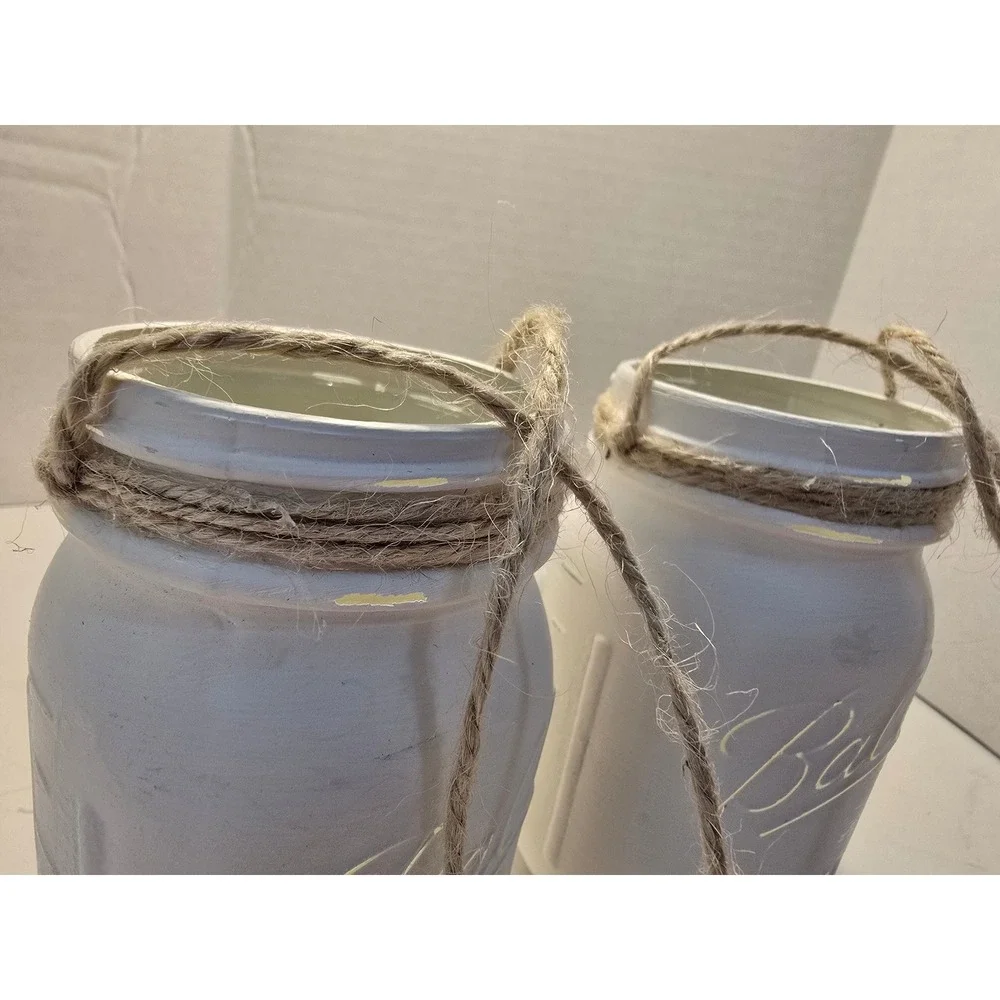 Ball Mason Jars Set of 2 White chalk Painted Distressed Rustic‎ Hanging Decor